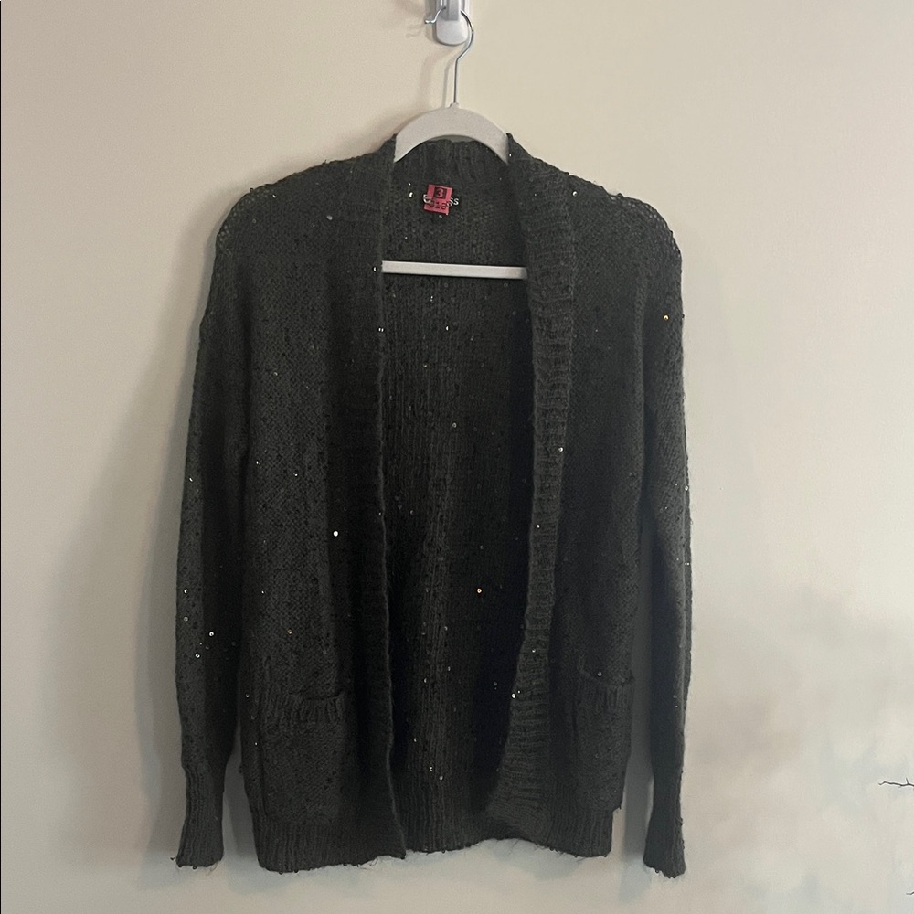 Vintage Express Green Sequin Open Cardigan Mohair Wool Earthy Garden Cozy Knit S